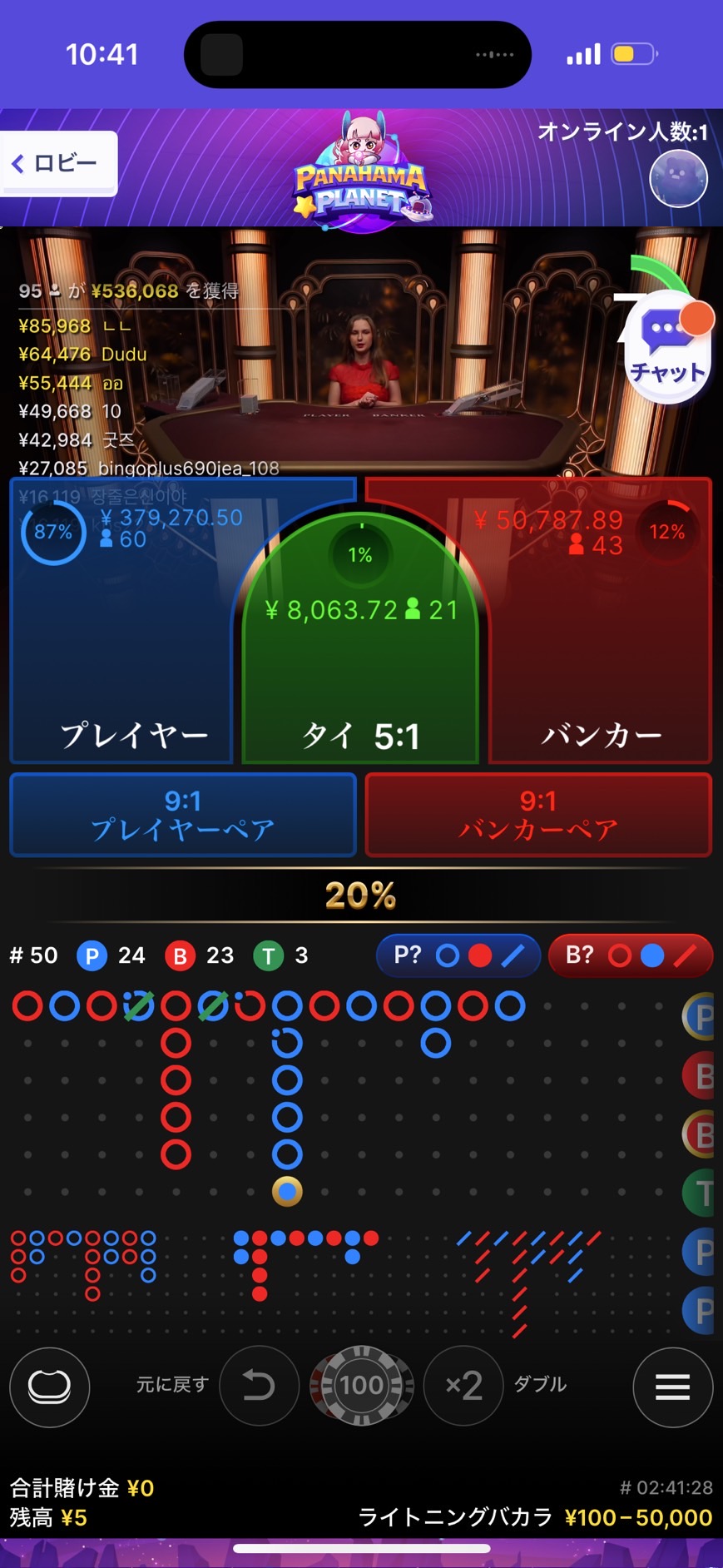 Panahamaオンラインカジノ バカラ罫線画面